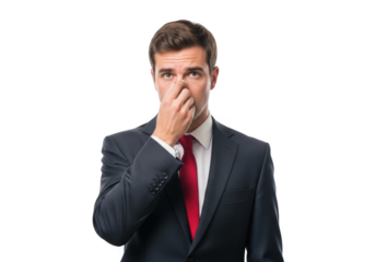 A businessman in a suit and tie pinching his nose due to an unpleasant smell isolated on transparent background