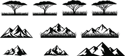 African savanna acacia tree mountain black silhouette vector set, nature landscape safari park outdoor adventure graphic element collection isolated. © ASH Labs