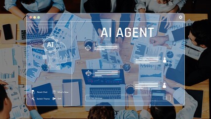 Diverse team engages in innovative discussions in a collaborative workspace, utilizing advanced AI technology for data analysis and visual presentations. Raster