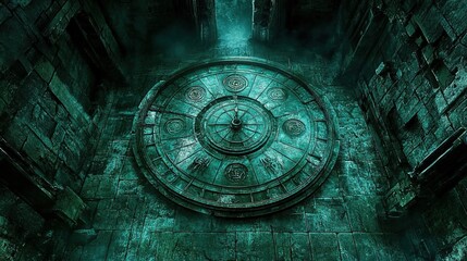 Fototapeta premium Mysterious Ancient Circular Stone Device in Enigmatic Stone - Walled Chamber with Eerie Greenish - Blue Lighting