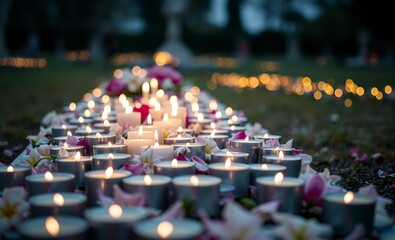 Obraz premium Candles many votive lights and flowers decoration on a grave closeup lights at the cemetary detail shot up close death memory passing remembrance simple cultural symbol conceptual shot nobody funeral 