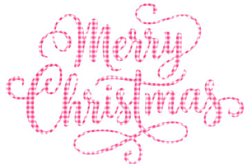 A curved, calligraphic English text means Merry Christmas. White and pink checks in a watercolor look in front of transparent background.