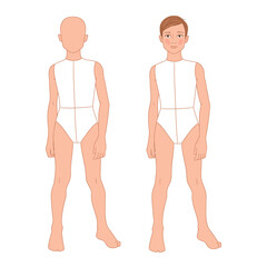 A clean vector fashion body template of a 6&ndash;7-year-old boy, Ideal for clothing design, sketches, pattern development, fashion illustration, and digital drawing projects.