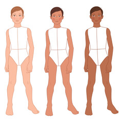 A vector fashion croquis set of a 6&ndash;7-year-old boy in three diverse skin tones.  Perfect for wear design, fashion sketching, pattern development, and children&rsquo;s clothing illustration.
