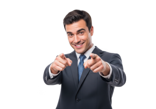 Confident businessman pointing directly at viewer with a friendly smile isolated on transparent background - Powered by Adobe