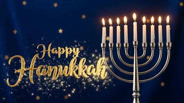 Festive menorah candle lighting with sparkling hanukkah greeting on starry blue background