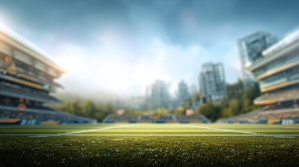Soccer stadium with bright field and buildings