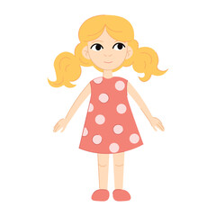 Cute doll in a simple kids flat vector style. Soft details, bright colors, white background. Great for children’s products, stickers, toys, nursery designs, and preschool themes.
