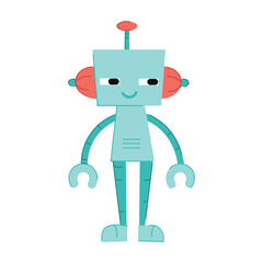 Cute toy robot in a simple flat vector children’s style. Rounded shapes, friendly face, bright colors, white background. Great for kids’ designs, stickers, toys, STEM themes, and nursery decor.