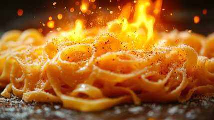Dynamic pasta with flying cheese, fiery hot spicy noodles, parmesan flakes in mid-air, creative Italian cuisine, gastronomic art, culinary motion, Italian food photography, spicy pasta, cheese topping