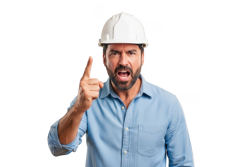 Angry construction worker with white hard hat gesturing with finger up and sticking out tongue isolated on transparent background