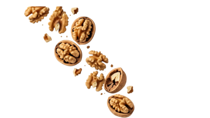 Assorted walnut halves and pieces floating in air isolated on transparent background
