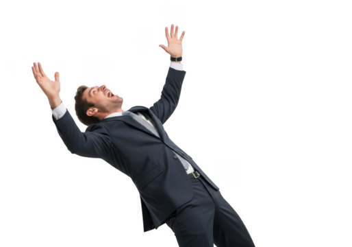 Business professional celebrating success with arms raised high in ecstatic joy isolated on transparent background - Powered by Adobe