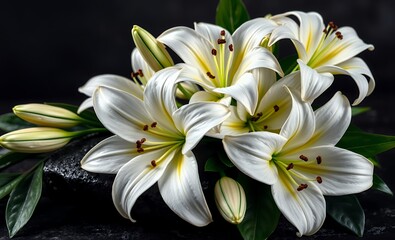 White lilies green leaves dark stone sympathy card funeral flowers grief death loss ceremony floral sadness cemetery mourning dead 