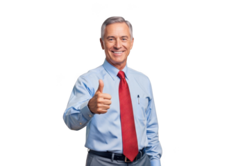 Smiling middle aged businessman in a blue shirt and red tie giving a thumbs up gesture isolated on transparent background