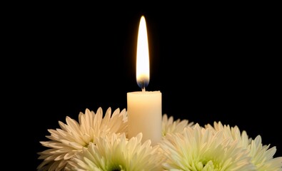 Lit candle bright flame white chrysanthemums dark background obituary notice commemoration message funeral flowers grief death loss ceremony floral sadness cemetery mourning dead 