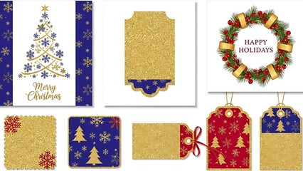 Luxury Gold Glitter Christmas Set with Navy Blue and Red Holiday Designs