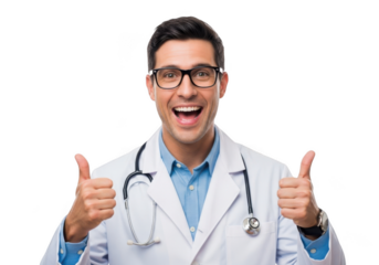 Excited young male doctor wearing glasses and stethoscope gives two thumbs up gesture isolated on transparent background