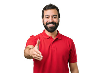 Fototapeta premium A cheerful bearded man in a red polo shirt extends his hand for a handshake isolated on transparent background
