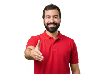 A cheerful bearded man in a red polo shirt extends his hand for a handshake isolated on transparent background