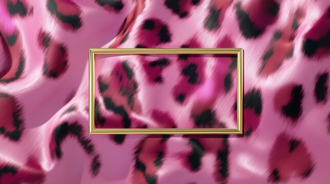 top-view composition,  pink fur-textured  leopard-print background in premium fashion style, thin refined metallic gold frame in the center. 