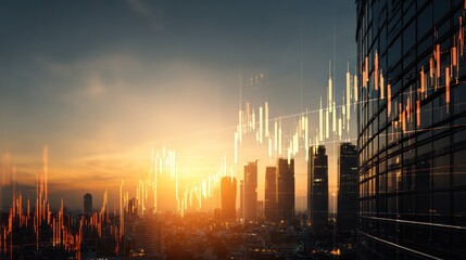 Financial Graph Overlay on Modern Building at Sunset