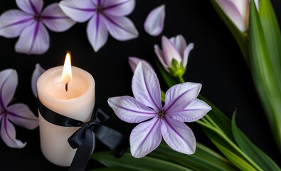 White burning candle with black ribbon and light purple flower on black background for obituary notice funeral announcement necrology funeral flowers grief death loss ceremony floral sadness cemetery