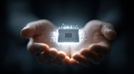 Innovation and Technology: Hands Presenting Glowing AI Chip