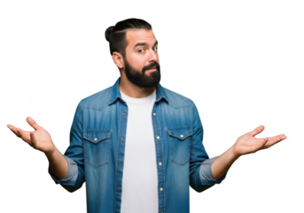 A caucasian man with a beard wearing a denim jacket and white t shirt gestures with both hands upwards isolated on transparent background