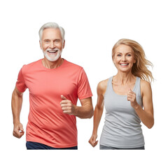 Happy senior couple jogging together isolated on transparent background