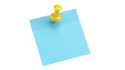 Yellow push pin holding a blue note card isolated on transparent background