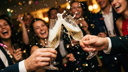 Celebratory Champagne Toast with Friends and Confetti Falling During a Joyful Party Event