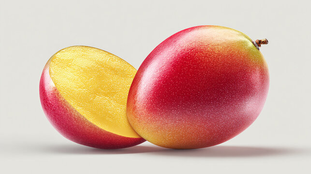 A vibrant mango, cut in half, showcasing its juicy interior. The ripe fruit offers a refreshing and tropical allure