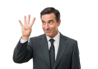 A middle aged businessman in a dark suit and tie raises four fingers on his left hand with a playful expression isolated on transparent background