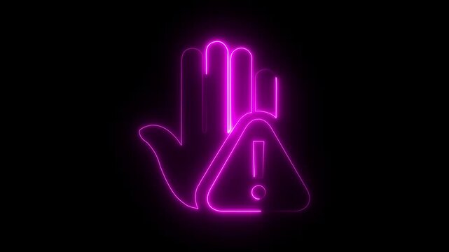 Prohibitory sign Animation with a raised hand with neon tringle icon. Danger warning with hand. prohibited Hand icon.