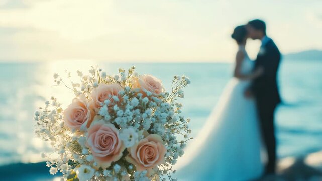 Wedding bouquet with pink roses, kissing bride and groom and sea on background. Concept of romance, marriage, ceremony, celebration, and summer honeymoon