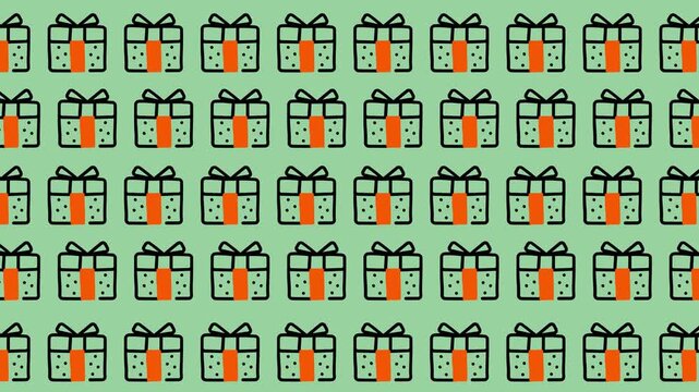 Animated seamless gift box pattern loop on mint green background.