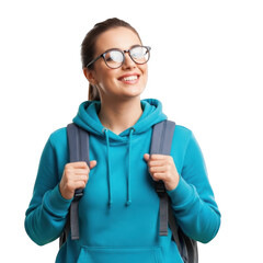 Smiling young woman wearing glasses and hoodie with backpack isolated on transparent background