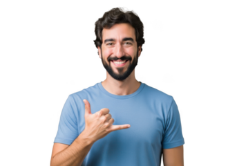 Smiling man with beard gesturing call me sign isolated on transparent background