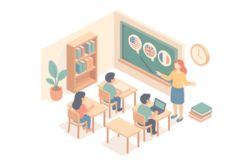 Isometric classroom scene with students learning languages from teacher