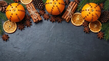 Festive holiday border featuring fragrant orange pomanders cinnamon sticks and pine cones for winter celebration