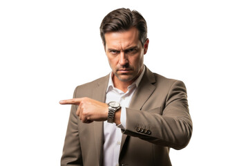 Serious businessman pointing left with stern expression and watch isolated on transparent background