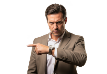Serious businessman pointing left with stern expression and watch isolated on transparent background
