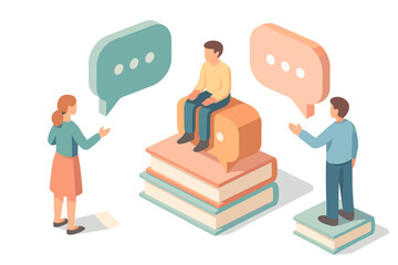 Isometric illustration of team discussion with speech bubbles on books