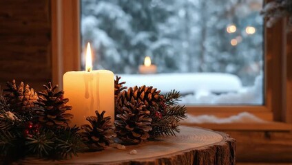 Cozy winter scene with lit candle and pinecones on wooden table by snowy window