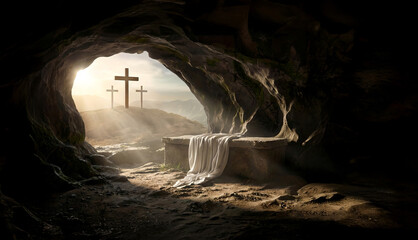 Empty Tomb of Jesus with Three Crosses at Sunrise for Easter Resurrection Concept