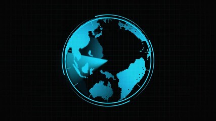 Animated 3D digital Earth featuring radar scan and grid lines on dark background forming a sleek futuristic tech and planetary motion graphic. Futuristic Digital Globe with Radar Scan and Grid - Powered by Adobe