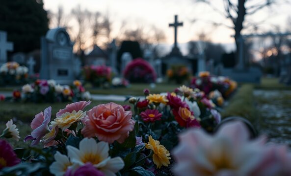 Dusk at a winters english cemetery seen with infocus flowers in a burial plot : generative ai funeral flowers grief death loss ceremony floral sadness cemetery mourning dead 
