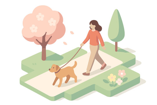 Isometric park scene with woman walking dog on path among blossoming trees