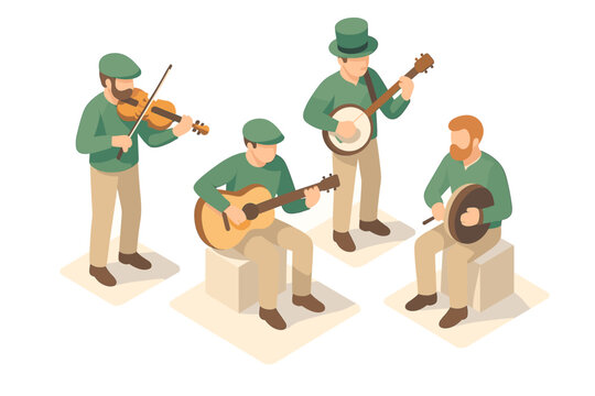 Isometric illustration of musicians playing traditional irish folk music